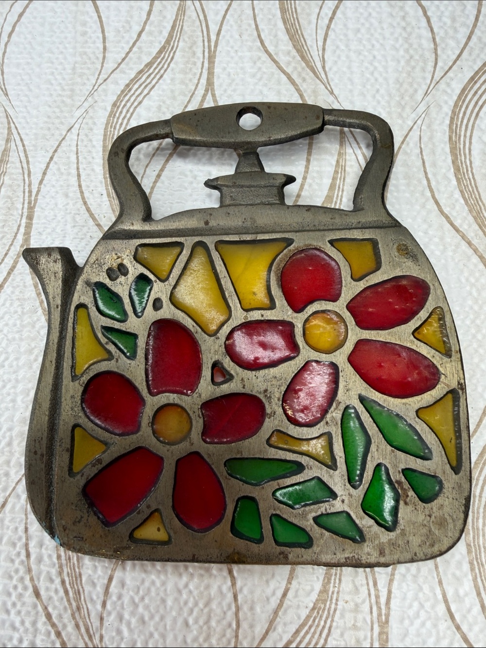 Stained Glass Cast Iron Tea Kettle Trivet MCM Taiwan